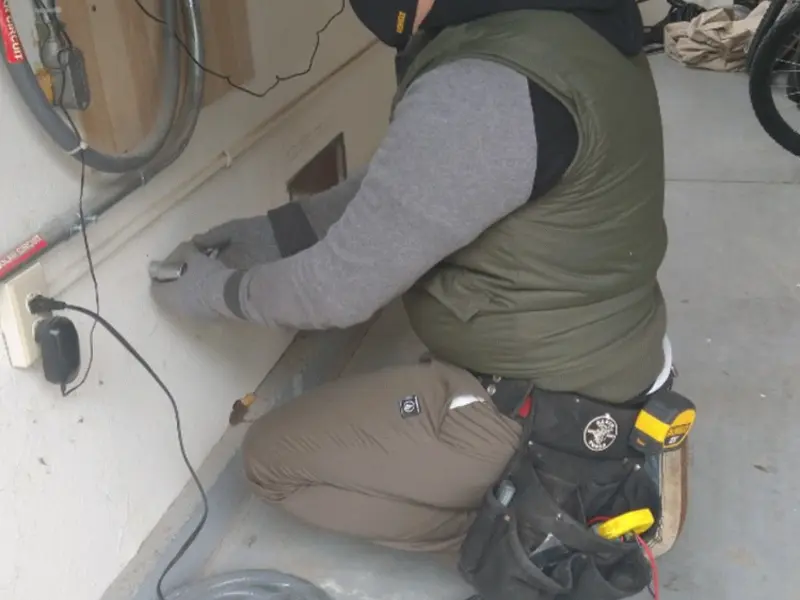 Electrician performing outlet wiring in a Lincoln Village garage